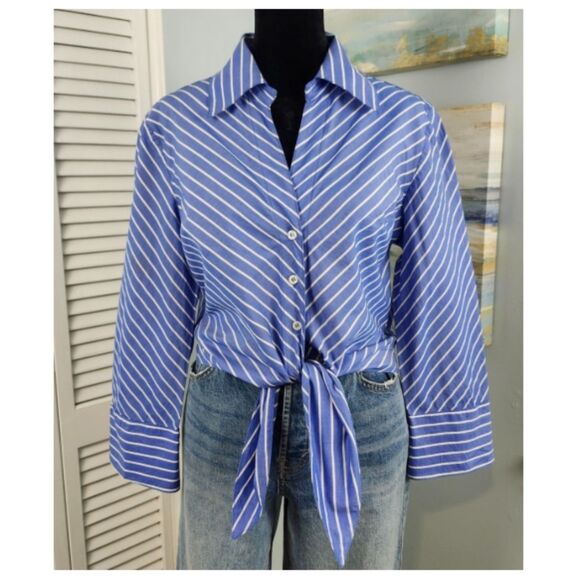 Elliott Lauren Button-Up Shirt Blue White Stripe Tie Front 100% Cotton Size 6 SM - Picture 1 of 9